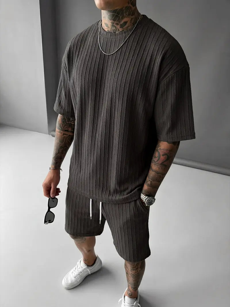 Men’s Loose Fit 2-Piece Summer Set, Oversized Textured Tee with Relaxed Fit Drawstring Shorts