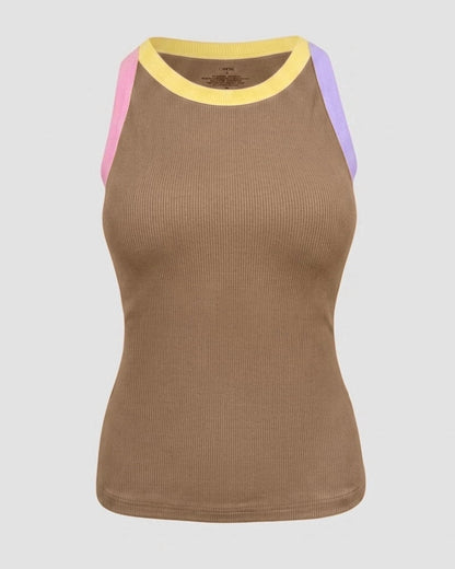 Womens Color Block Built in Bra Tank Tops Sleeveless Padded Casual Shirts Racerback Ribbed Tank Top