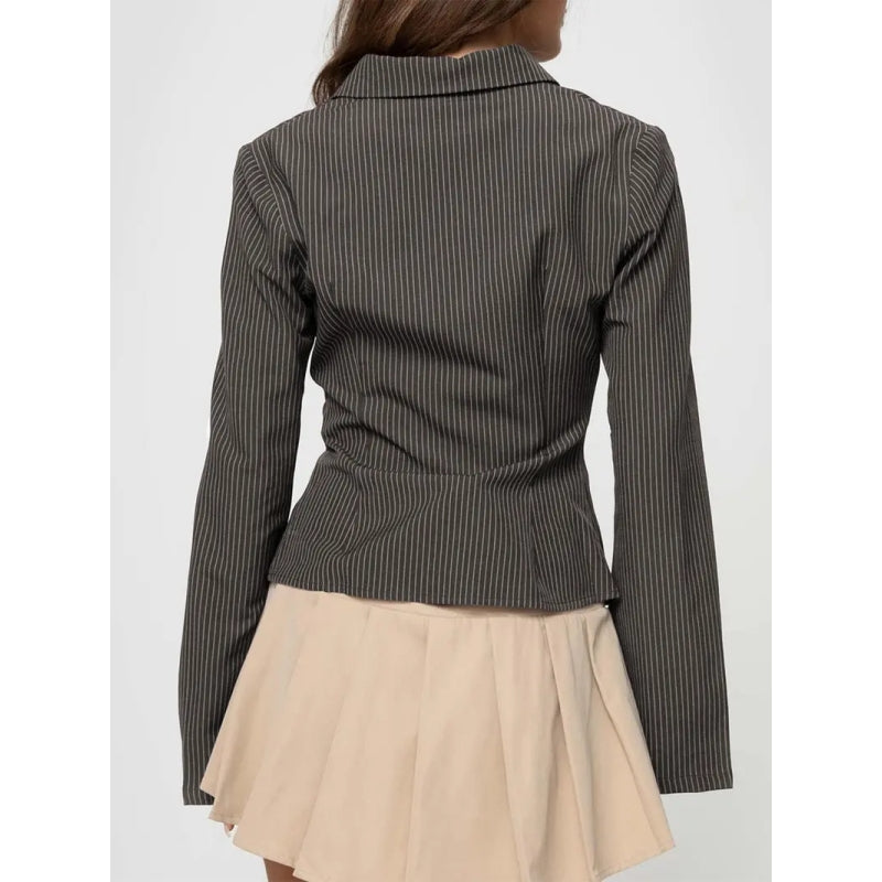 Women's V-Neck Button Front Blouse, Long Sleeve Slim-Fit Casual Shirt, Striped Pattern, Spring & Fall Fashion, Daily Wear