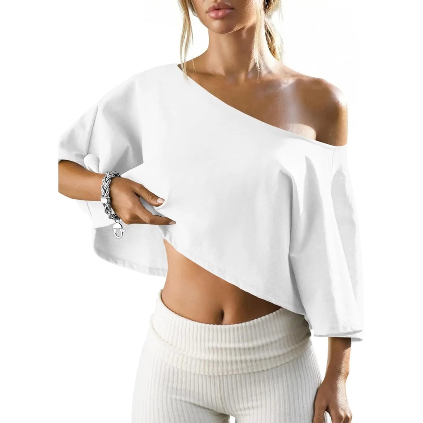 🔥Last Chance to Save ! Womens Cotton Off-Shoulder Crop Top Loose Batwing Sleeve Asymmetrical Neck Casual Tee