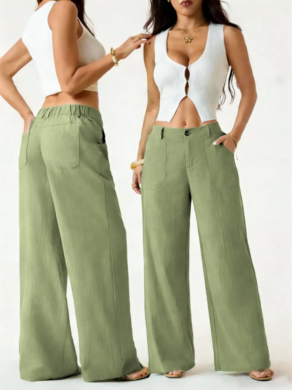 High Waist Wide Leg Beach Trousers With Pocket