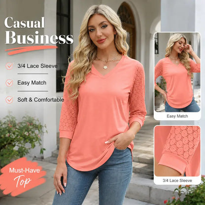 Women's V-Neck Lace 3/4 Sleeve Tunic Blouse | Elegant Business Casual Top