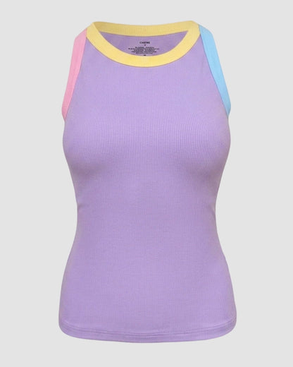Womens Color Block Built in Bra Tank Tops Sleeveless Padded Casual Shirts Racerback Ribbed Tank Top