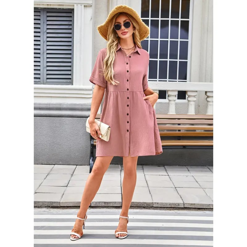 Babydoll Dress for Women Short Sleeve Button Down Textured Non-clingy Loose Fit Flowy Mini Dress with Pockets 2026 New Summer Dress