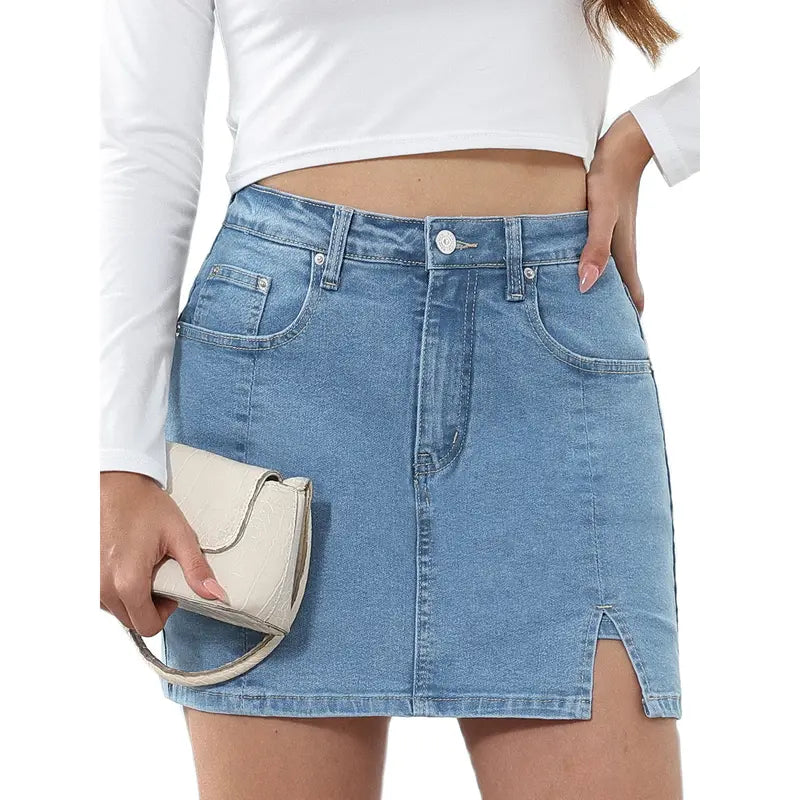 Women's High-Waisted Denim Skort | Built-in Shorts & Side Slit Skirt Womenswear Fitted Button skirts