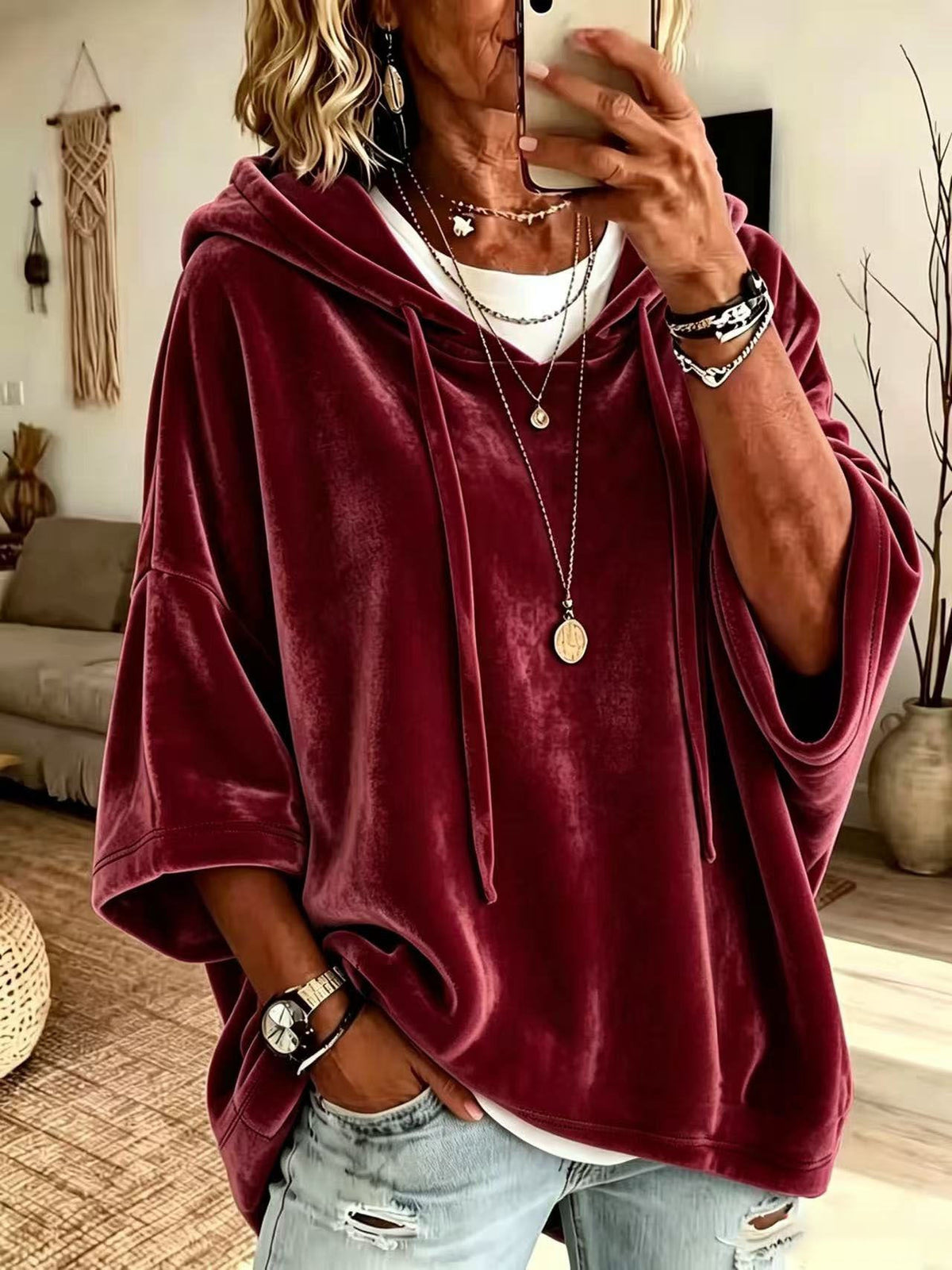 Women’s 3/4 Sleeves Minimalist Velour Hoodie Top