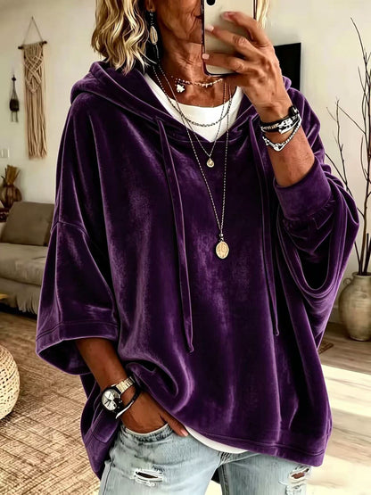 Women’s 3/4 Sleeves Minimalist Velour Hoodie Top