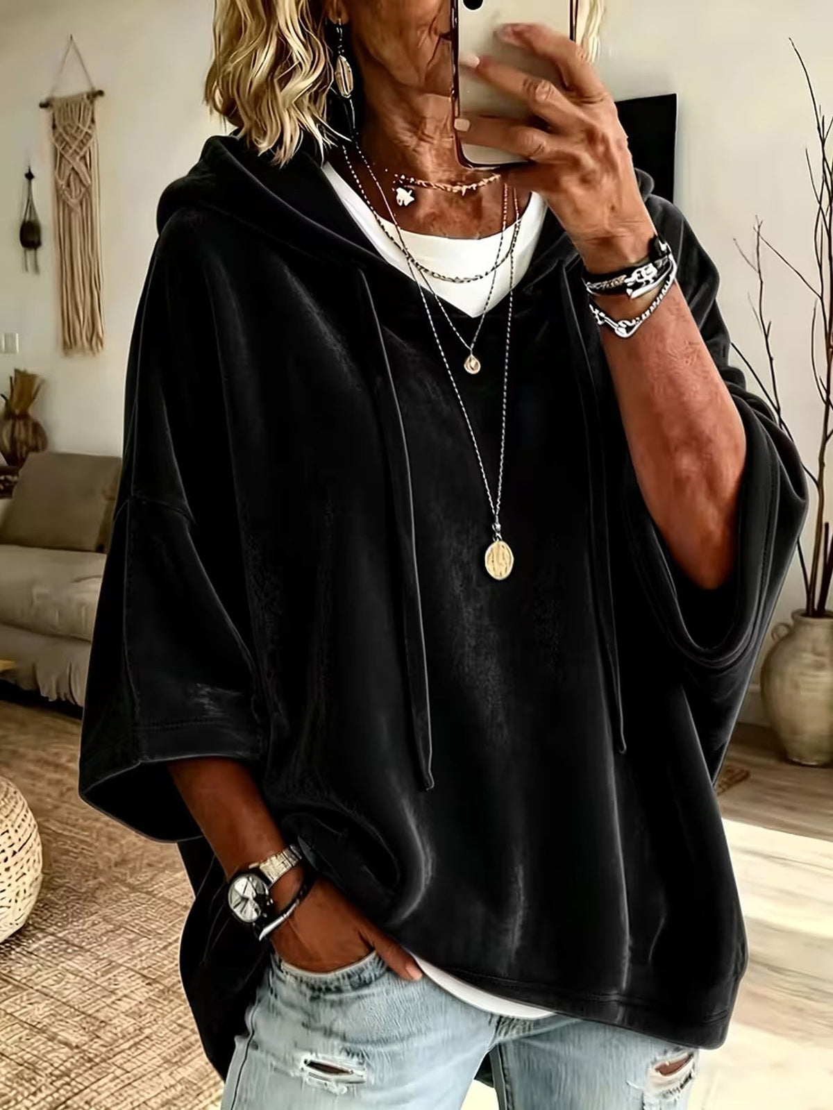Women’s 3/4 Sleeves Minimalist Velour Hoodie Top