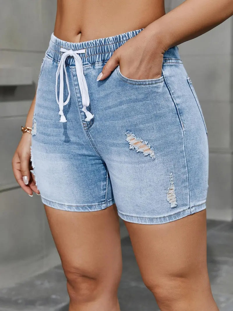 ⭐  Women's High Waisted Drawstring Ripped Denim Shorts with Pockets