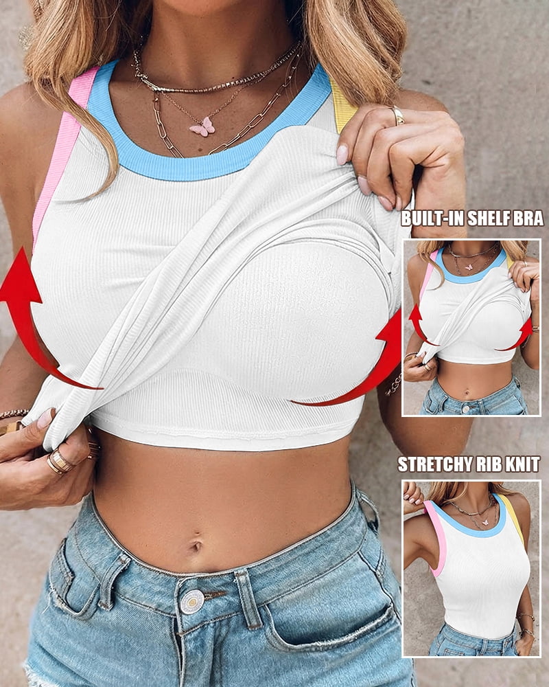Womens Color Block Built in Bra Tank Tops Sleeveless Padded Casual Shirts Racerback Ribbed Tank Top