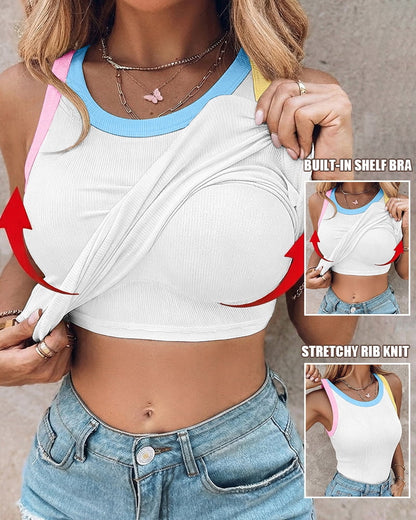 Womens Color Block Built in Bra Tank Tops Sleeveless Padded Casual Shirts Racerback Ribbed Tank Top