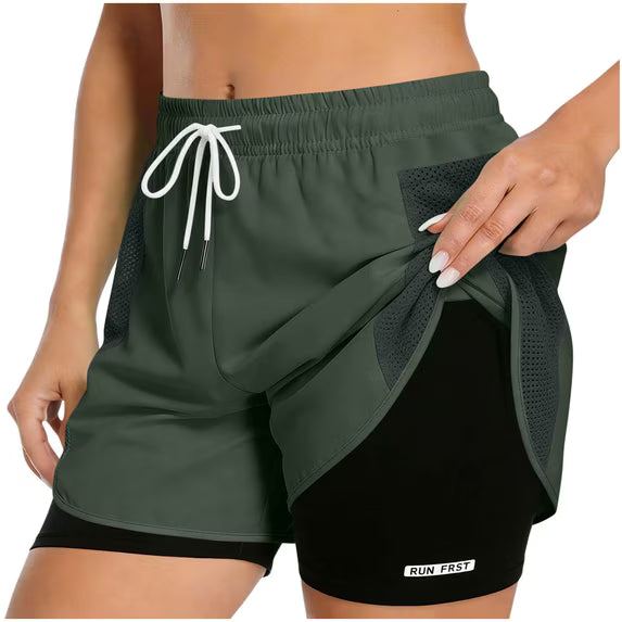 Women's 2 in 1 Running Shorts with Liner Pockets Quick Dry Athletic Workout Gym Shorts