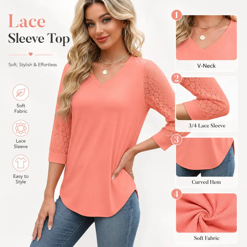 Women's V-Neck Lace 3/4 Sleeve Tunic Blouse | Elegant Business Casual Top