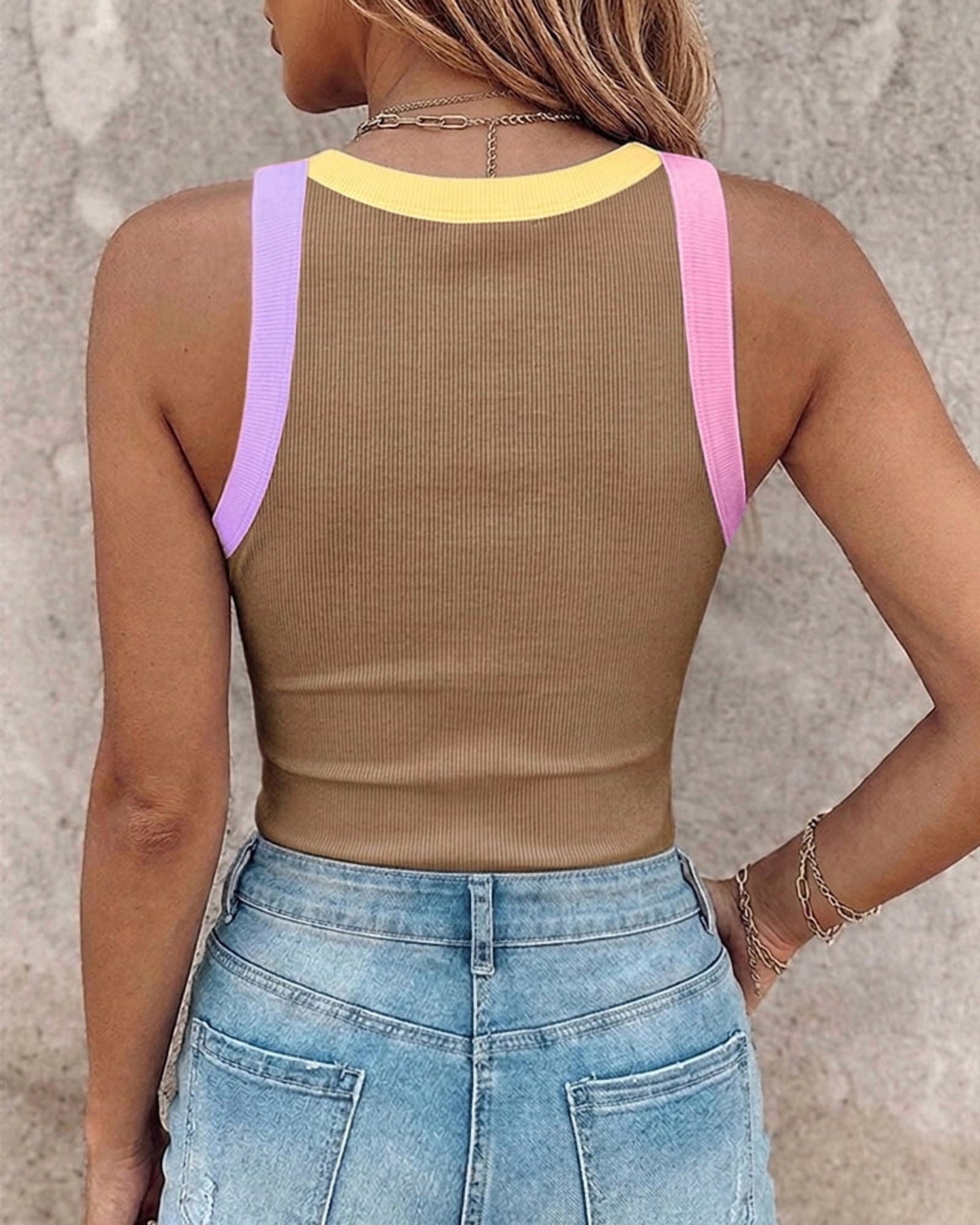 Womens Color Block Built in Bra Tank Tops Sleeveless Padded Casual Shirts Racerback Ribbed Tank Top
