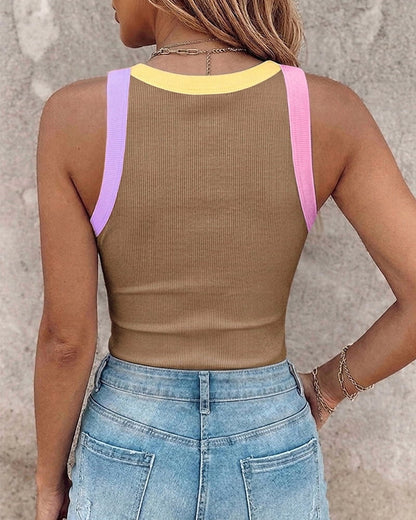 Womens Color Block Built in Bra Tank Tops Sleeveless Padded Casual Shirts Racerback Ribbed Tank Top