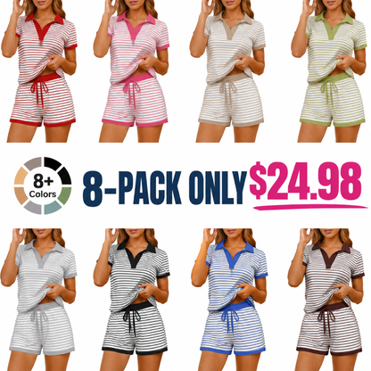 Women's Striped Two-Piece Set: Polo-Collar V-Neck Short-Sleeve Top and Drawstring-Waist Mini Skirt — A Versatile, Casual Set