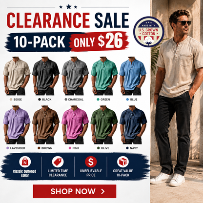 Men's Casual Vintage Loose-Fit Short-Sleeve Henley Shirt with Pocket