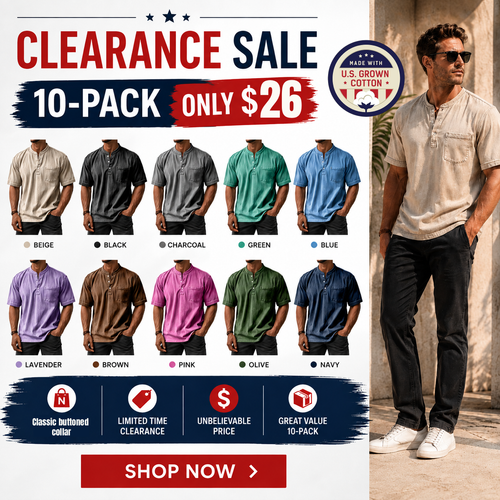 Men's Casual Vintage Loose-Fit Short-Sleeve Henley Shirt with Pocket