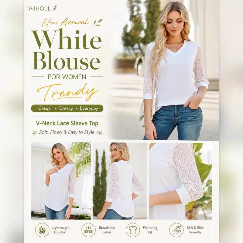 Women's V-Neck Lace 3/4 Sleeve Tunic Blouse | Elegant Business Casual Top