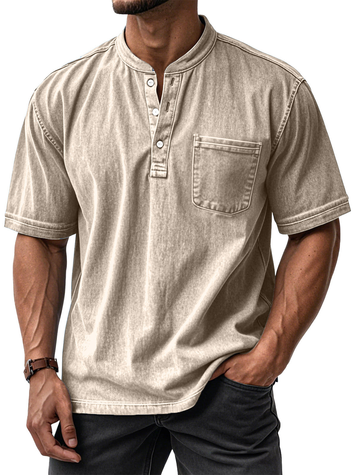 Men's Casual Vintage Loose-Fit Short-Sleeve Henley Shirt with Pocket