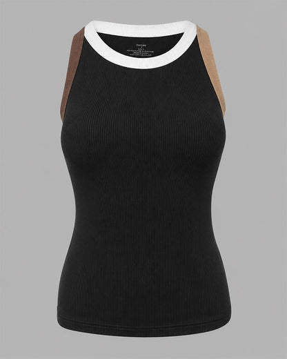 Womens Color Block Built in Bra Tank Tops Sleeveless Padded Casual Shirts Racerback Ribbed Tank Top