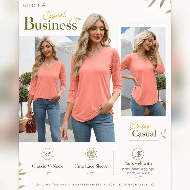 Women's V-Neck Lace 3/4 Sleeve Tunic Blouse | Elegant Business Casual Top