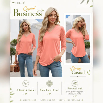 Women's V-Neck Lace 3/4 Sleeve Tunic Blouse | Elegant Business Casual Top