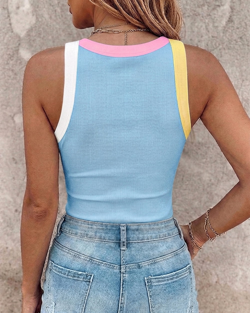 Womens Color Block Built in Bra Tank Tops Sleeveless Padded Casual Shirts Racerback Ribbed Tank Top