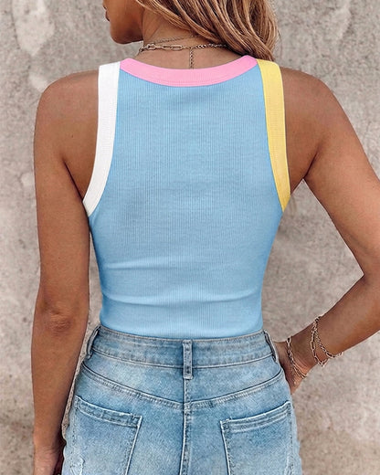 Womens Color Block Built in Bra Tank Tops Sleeveless Padded Casual Shirts Racerback Ribbed Tank Top