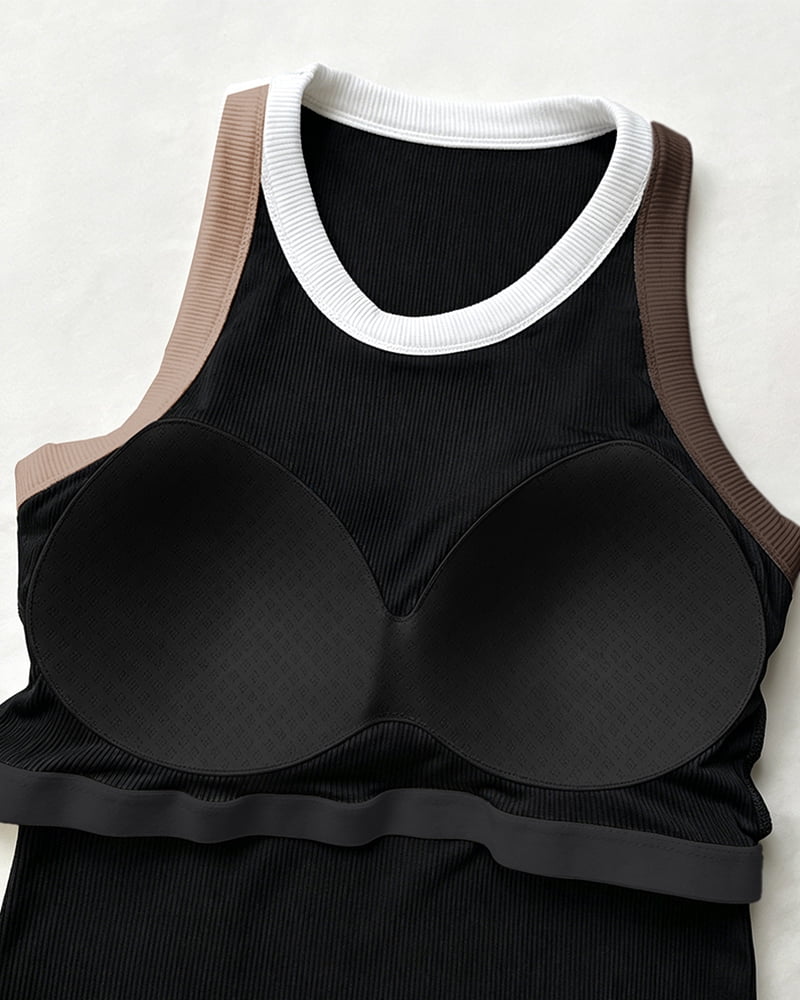 Womens Color Block Built in Bra Tank Tops Sleeveless Padded Casual Shirts Racerback Ribbed Tank Top