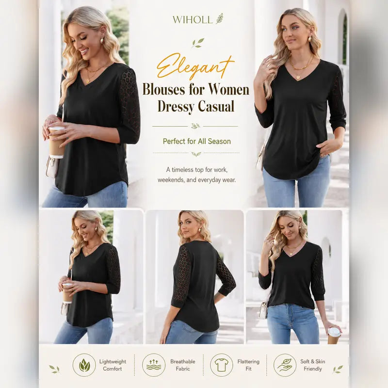 Women's V-Neck Lace 3/4 Sleeve Tunic Blouse | Elegant Business Casual Top