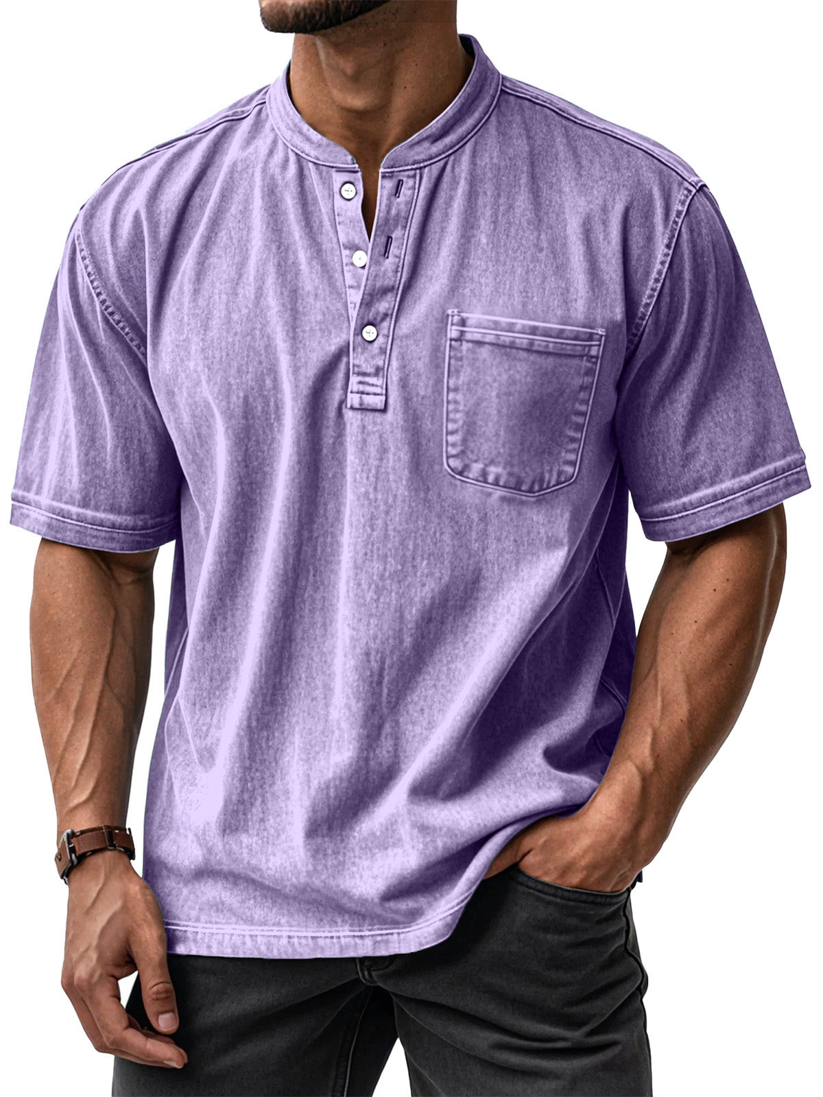 Men's Casual Vintage Loose-Fit Short-Sleeve Henley Shirt with Pocket