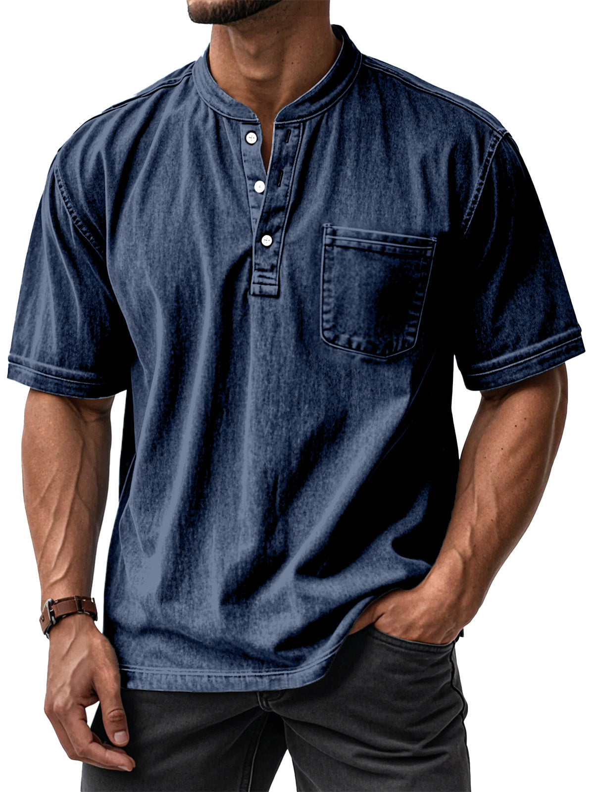 Men's Casual Vintage Loose-Fit Short-Sleeve Henley Shirt with Pocket