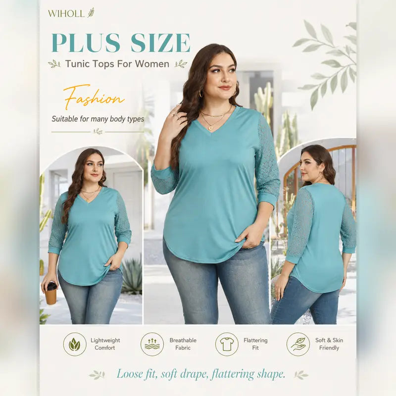 Women's V-Neck Lace 3/4 Sleeve Tunic Blouse | Elegant Business Casual Top
