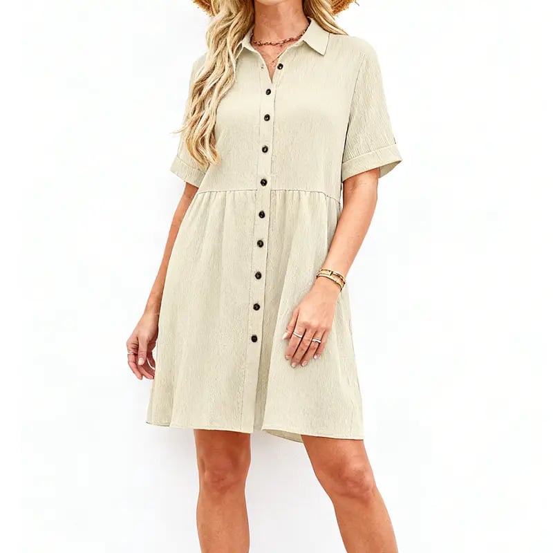 Babydoll Dress for Women Short Sleeve Button Down Textured Non-clingy Loose Fit Flowy Mini Dress with Pockets 2026 New Summer Dress