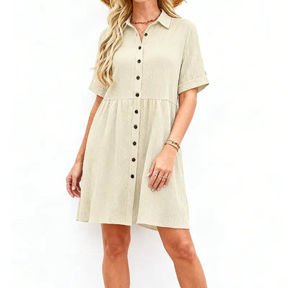 Babydoll Dress for Women Short Sleeve Button Down Textured Non-clingy Loose Fit Flowy Mini Dress with Pockets 2026 New Summer Dress