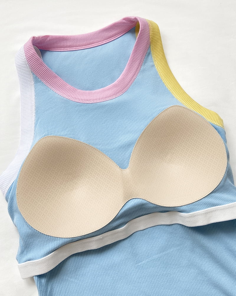Womens Color Block Built in Bra Tank Tops Sleeveless Padded Casual Shirts Racerback Ribbed Tank Top