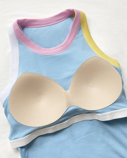 Womens Color Block Built in Bra Tank Tops Sleeveless Padded Casual Shirts Racerback Ribbed Tank Top