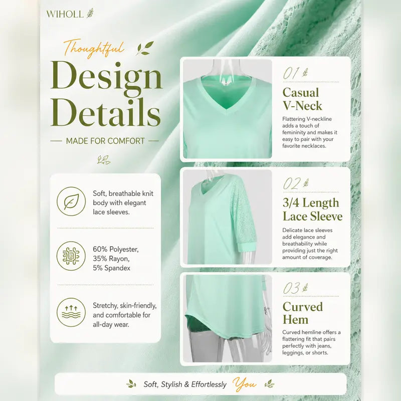 Women's V-Neck Lace 3/4 Sleeve Tunic Blouse | Elegant Business Casual Top