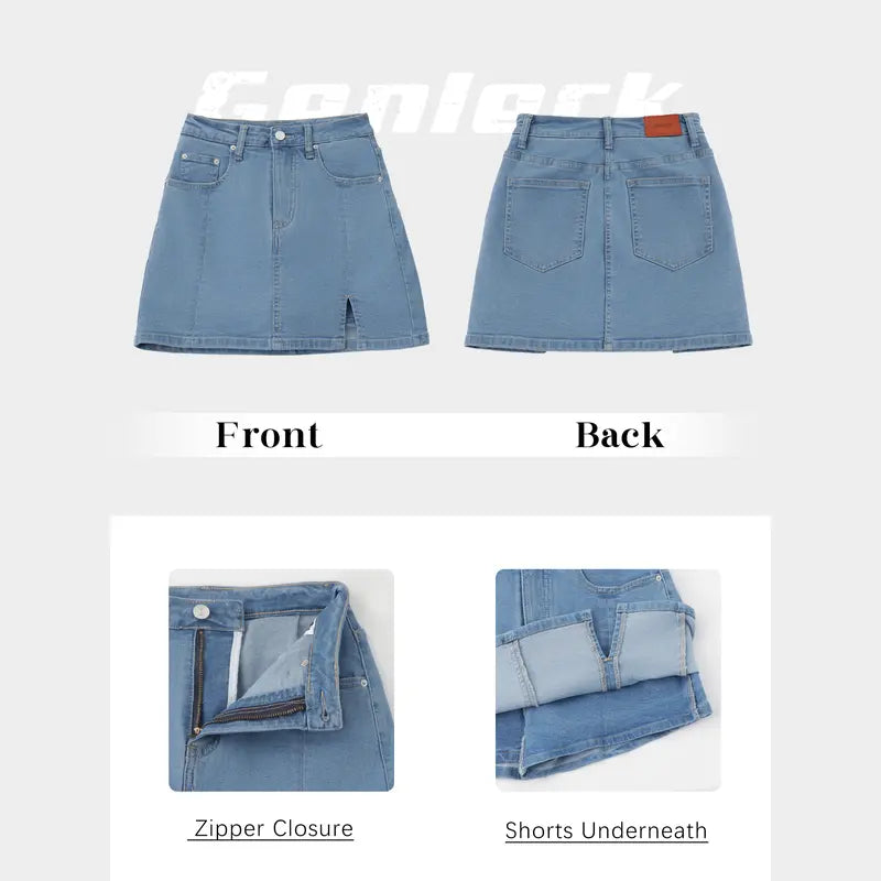 Women's High-Waisted Denim Skort | Built-in Shorts & Side Slit Skirt Womenswear Fitted Button skirts