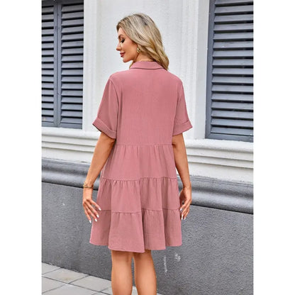 Babydoll Dress for Women Short Sleeve Button Down Textured Non-clingy Loose Fit Flowy Mini Dress with Pockets 2026 New Summer Dress