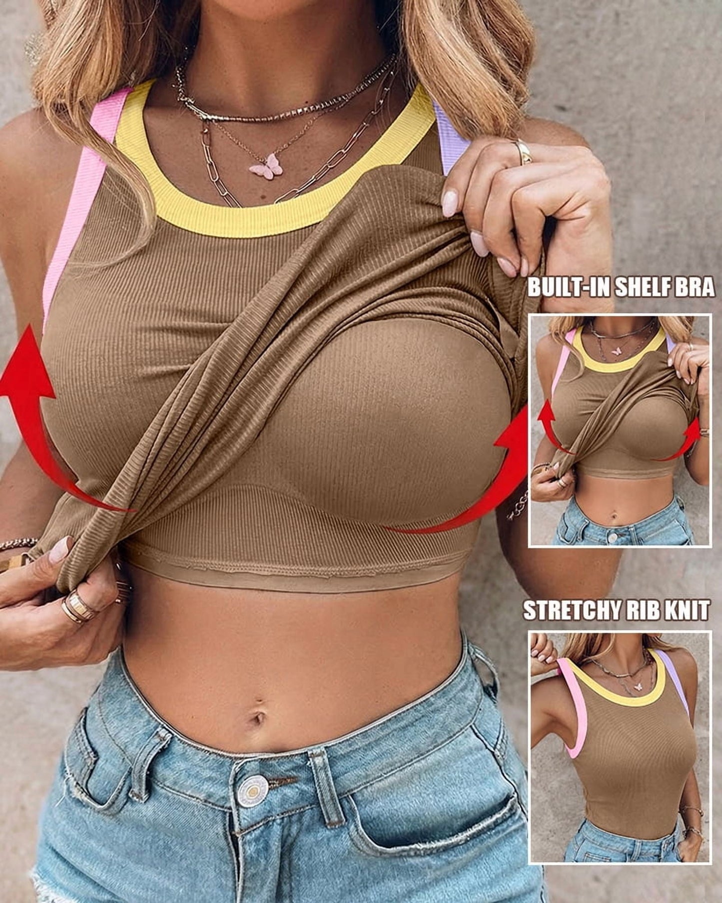 Womens Color Block Built in Bra Tank Tops Sleeveless Padded Casual Shirts Racerback Ribbed Tank Top