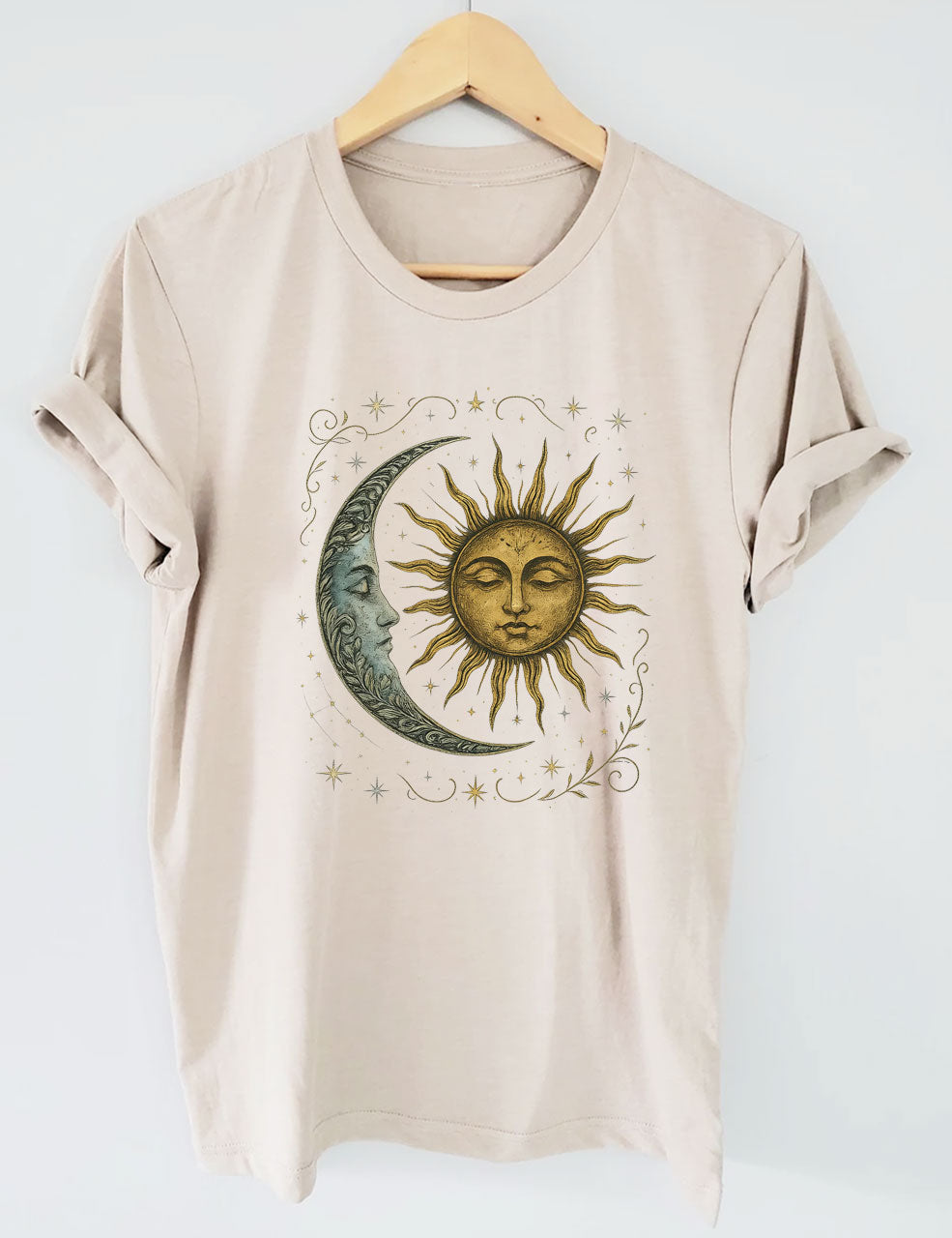 Boho Celestial Moon and Radiant Sun Spiritual Pattern T-Shirt, Mystical Shirt, Artsy Tee, Aesthetic T-Shirt, Spiritual Boho tee