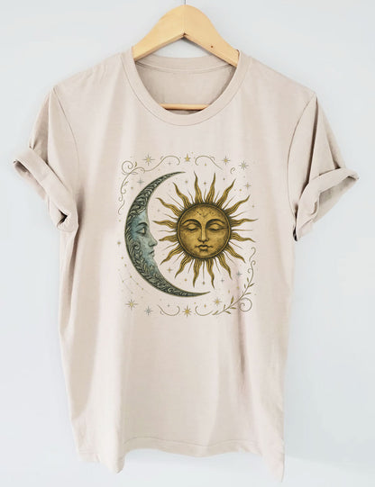 Boho Celestial Moon and Radiant Sun Spiritual Pattern T-Shirt, Mystical Shirt, Artsy Tee, Aesthetic T-Shirt, Spiritual Boho tee