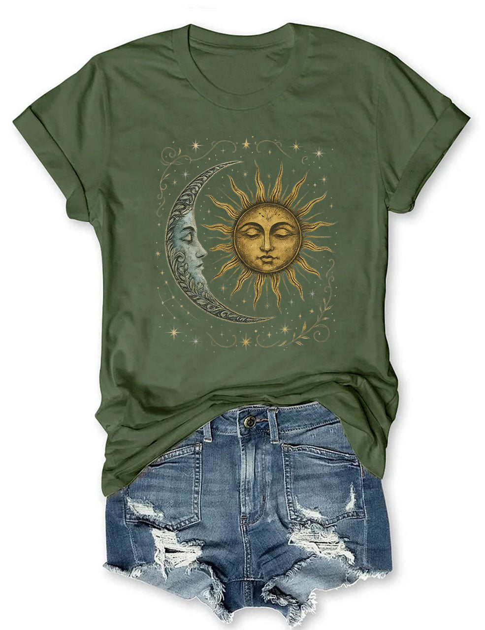 Boho Celestial Moon and Radiant Sun Spiritual Pattern T-Shirt, Mystical Shirt, Artsy Tee, Aesthetic T-Shirt, Spiritual Boho tee