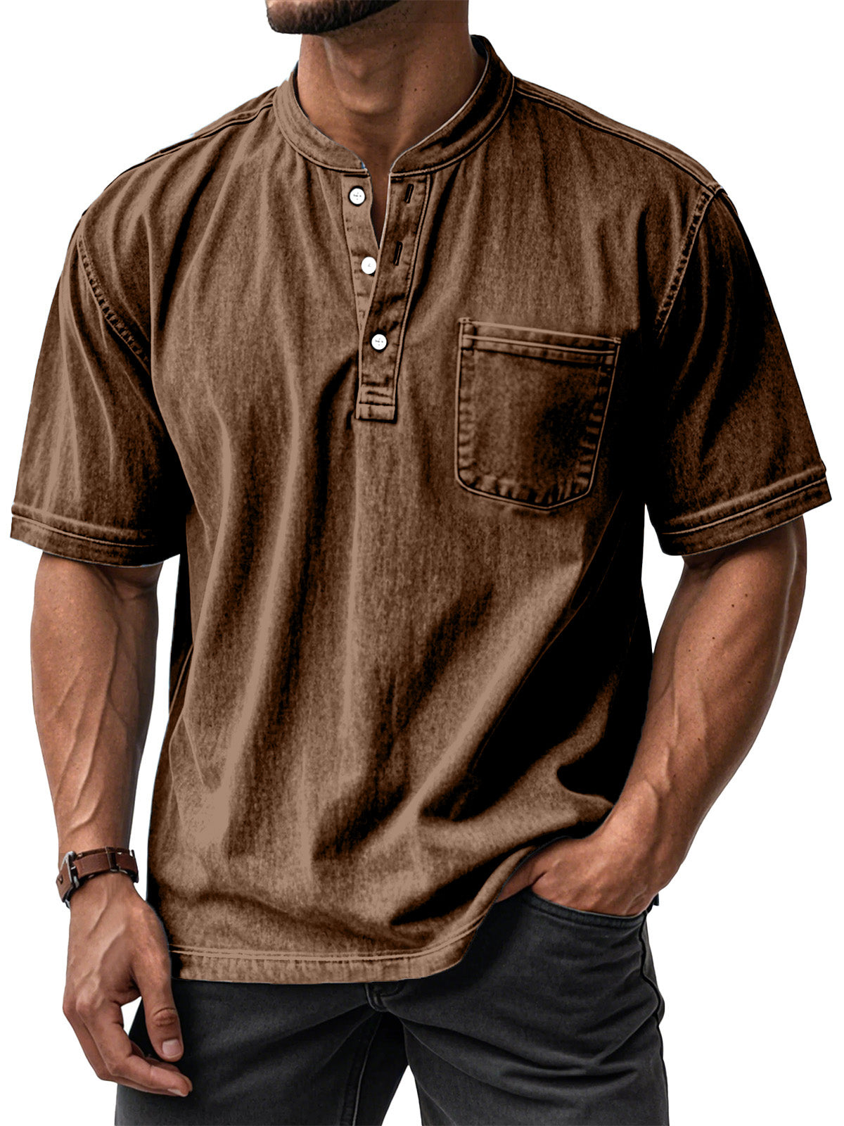 Men's Casual Vintage Loose-Fit Short-Sleeve Henley Shirt with Pocket
