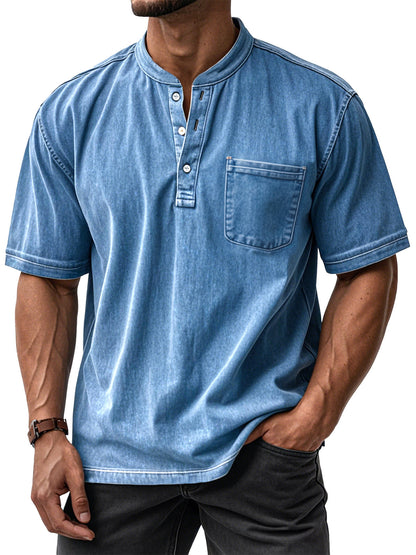 Men's Casual Vintage Loose-Fit Short-Sleeve Henley Shirt with Pocket