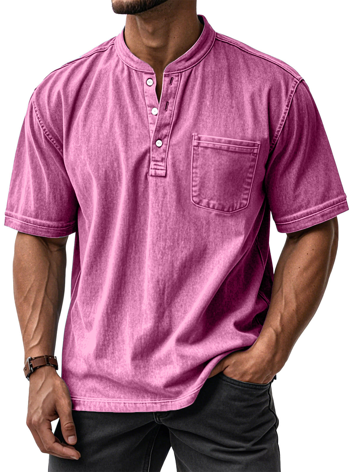 Men's Casual Vintage Loose-Fit Short-Sleeve Henley Shirt with Pocket