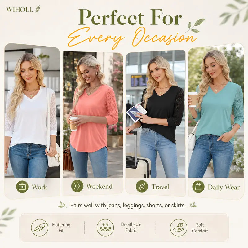 Women's V-Neck Lace 3/4 Sleeve Tunic Blouse | Elegant Business Casual Top