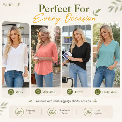 Women's V-Neck Lace 3/4 Sleeve Tunic Blouse | Elegant Business Casual Top